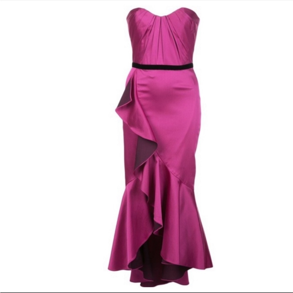 Marchesa Notte Draped Hi-Low Ruffle Cocktail Midi Dress